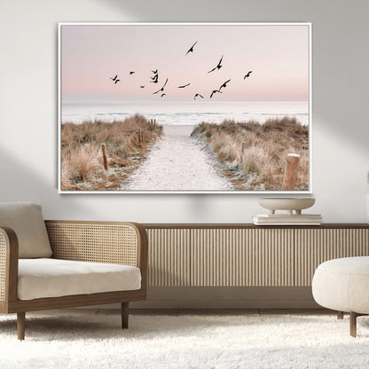 34632598-MGV-CV-36X24-Beach Pathway Wall Art – Coastal Canvas Print with Sandy Trail, Flying Birds and Pastel Sky, Serene Ocean Landscape Photography