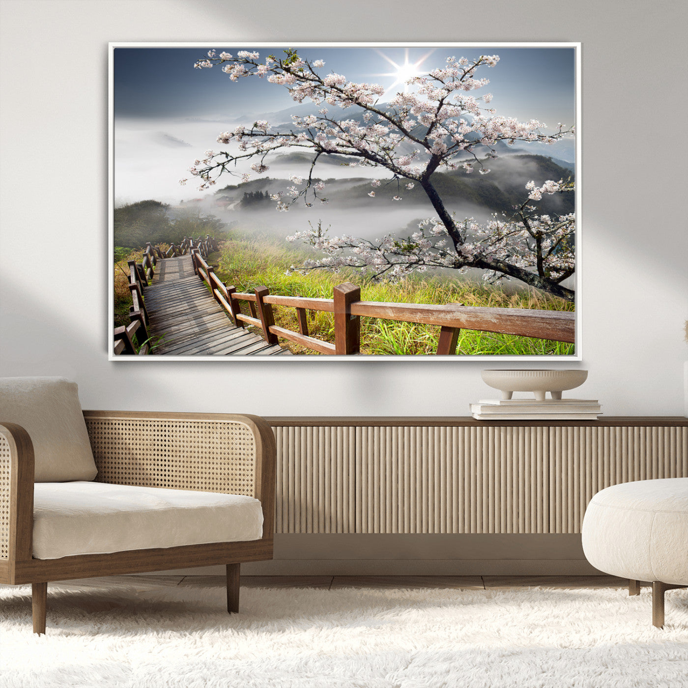 34632598CRY-MGV-FC-36X24_White-Sakura Cherry Blossom Pathway Canvas Wall Art – Tranquil Walk Through Blossoming Nature – Ready to Hang