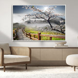 34632598CRY-MGV-CV-36X24-Cherry Blossom Wall Art – Scenic Asian Landscape Canvas Print with Wooden Walkway, Misty Mountains and Sunrise, Serene Nature