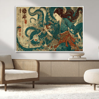 46837670-MGV-CV-36X24-Tsukioka Yoshitoshi Samurai Wall Art Print, Japanese Katana Warrior Canvas Wall Art, Octopus Sea Monster Canvas Print,