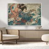 52037775-MGV-CV-36X24-Samurai Woman Wall Art – Japanese Ukiyo e Style Canvas Print with Katana, Ocean Waves and Octopus, Traditional Asian Inspired