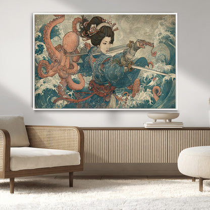 52037775-MGV-CV-36X24-Samurai Woman Wall Art – Japanese Ukiyo e Style Canvas Print with Katana, Ocean Waves and Octopus, Traditional Asian Inspired