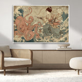 54879547-MGV-CV-36X24-Samurai Woman Wall Art – Japanese Ukiyo-e Style Canvas Print with Katana and Octopus, Traditional Asian Inspired Battle Artwork