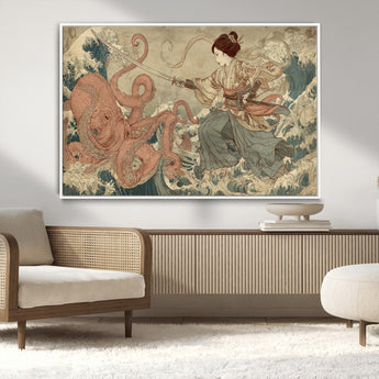 54879547-MGV-CV-36X24-Samurai Woman Wall Art – Japanese Ukiyo-e Style Canvas Print with Katana and Octopus, Traditional Asian Inspired Battle Artwork