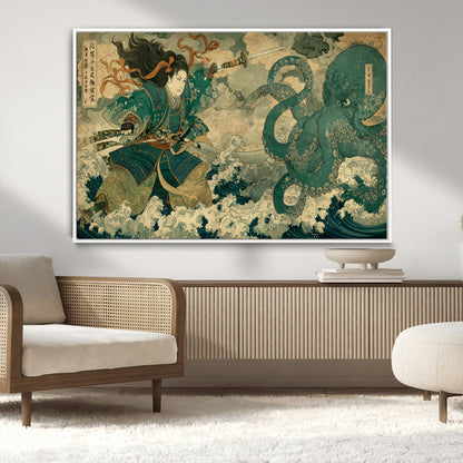 24416422-MGV-CV-36X24-Samurai vs Octopus Wall Art – Japanese Warrior Ocean Battle Canvas Print, Ukiyo e Inspired Decor for Home, Office, or Man Cave