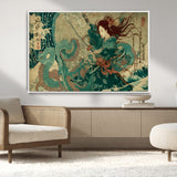 86918027-MGV-CV-36X24-Samurai Warrior vs Octopus Wall Art – Japanese Ukiyo-e Ocean Battle Canvas Print, Traditional Samurai Artwork for Living Room,