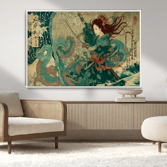 86918027-MGV-CV-36X24-Samurai Warrior vs Octopus Wall Art – Japanese Ukiyo-e Ocean Battle Canvas Print, Traditional Samurai Artwork for Living Room,