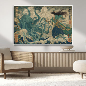 60346622-MGV-CV-36X24-Samurai Warrior vs Octopus Wall Art – Japanese Ukiyo-e Style Ocean Battle Canvas Print, Traditional Samurai Artwork for Living