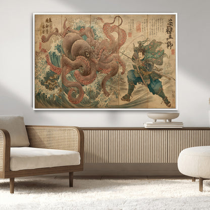 63782167-MGV-CV-36X24-Tsukioka Yoshitoshi Samurai Wall Art Print, Japanese Katana Warrior Canvas Wall Art, Octopus Sea Monster Canvas Print,