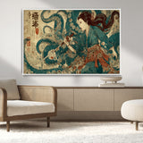 18575670-MGV-CV-36X24-Samurai Woman vs Octopus Wall Art – Japanese Ukiyo-e Ocean Battle Canvas Print, Traditional Warrior Artwork for Living Room,
