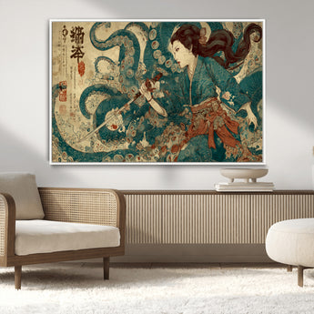 18575670-MGV-CV-36X24-Samurai Woman vs Octopus Wall Art – Japanese Ukiyo-e Ocean Battle Canvas Print, Traditional Warrior Artwork for Living Room,