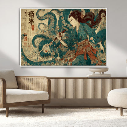 18575670-MGV-CV-36X24-Samurai Woman vs Octopus Wall Art – Japanese Ukiyo-e Ocean Battle Canvas Print, Traditional Warrior Artwork for Living Room,