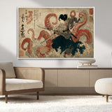 50812504-MGV-CV-36X24-Tsukioka Yoshitoshi Samurai Wall Art Print, Japanese Katana Warrior Canvas Wall Art, Octopus Sea Monster Canvas Print,