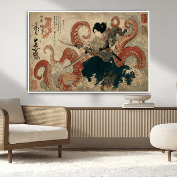 50812504-MGV-CV-36X24-Tsukioka Yoshitoshi Samurai Wall Art Print, Japanese Katana Warrior Canvas Wall Art, Octopus Sea Monster Canvas Print,