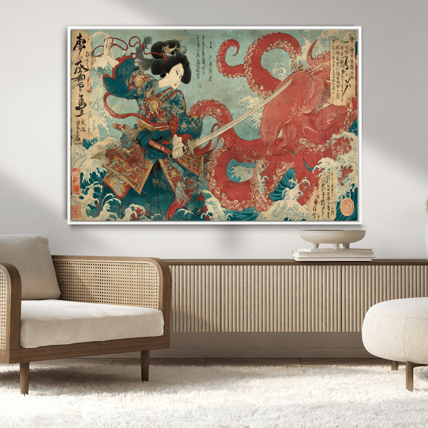 68844327-MGV-CV-36X24-Tsukioka Yoshitoshi Samurai Wall Art Print, Japanese Katana Warrior Canvas Wall Art, Octopus Sea Monster Canvas Print,