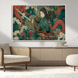 35461724-MGV-CV-36X24-Samurai Woman vs Octopus Wall Art – Japanese Ukiyo-e Ocean Waves Canvas Print, Red Tentacle Battle Artwork for Living Room,
