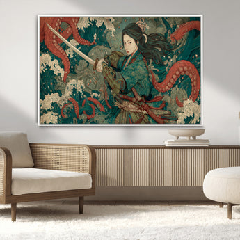 35461724-MGV-CV-36X24-Samurai Woman vs Octopus Wall Art – Japanese Ukiyo-e Ocean Waves Canvas Print, Red Tentacle Battle Artwork for Living Room,