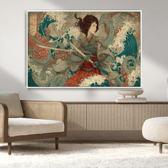 63377977-MGV-CV-36X24-Tsukioka Yoshitoshi Samurai Wall Art Print, Japanese Katana Warrior Canvas Wall Art, Octopus Sea Monster Canvas Print,