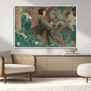 91666601-MGV-CV-36X24-Samurai Woman vs Octopus Wall Art – Japanese Ukiyo-e Green Robe Canvas Print, Ocean Battle Artwork for Living Room, Office, Man