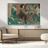 91666601-MGV-CV-36X24-Samurai Woman vs Octopus Wall Art – Japanese Ukiyo-e Green Robe Canvas Print, Ocean Battle Artwork for Living Room, Office, Man