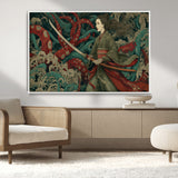 18902796-MGV-CV-36X24-Samurai Woman vs Octopus Wall Art – Japanese Ukiyo-e Green Kimono Canvas Print, Ocean Battle Scene Artwork for Living Room,