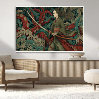 18902796-MGV-CV-36X24-Samurai Woman vs Octopus Wall Art – Japanese Ukiyo-e Green Kimono Canvas Print, Ocean Battle Scene Artwork for Living Room,
