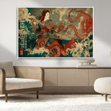 60201267-MGV-CV-36X24-Samurai Woman vs Octopus Wall Art – Japanese Ukiyo-e Armor Canvas Print, Red Tentacle Ocean Battle Artwork for Living Room,