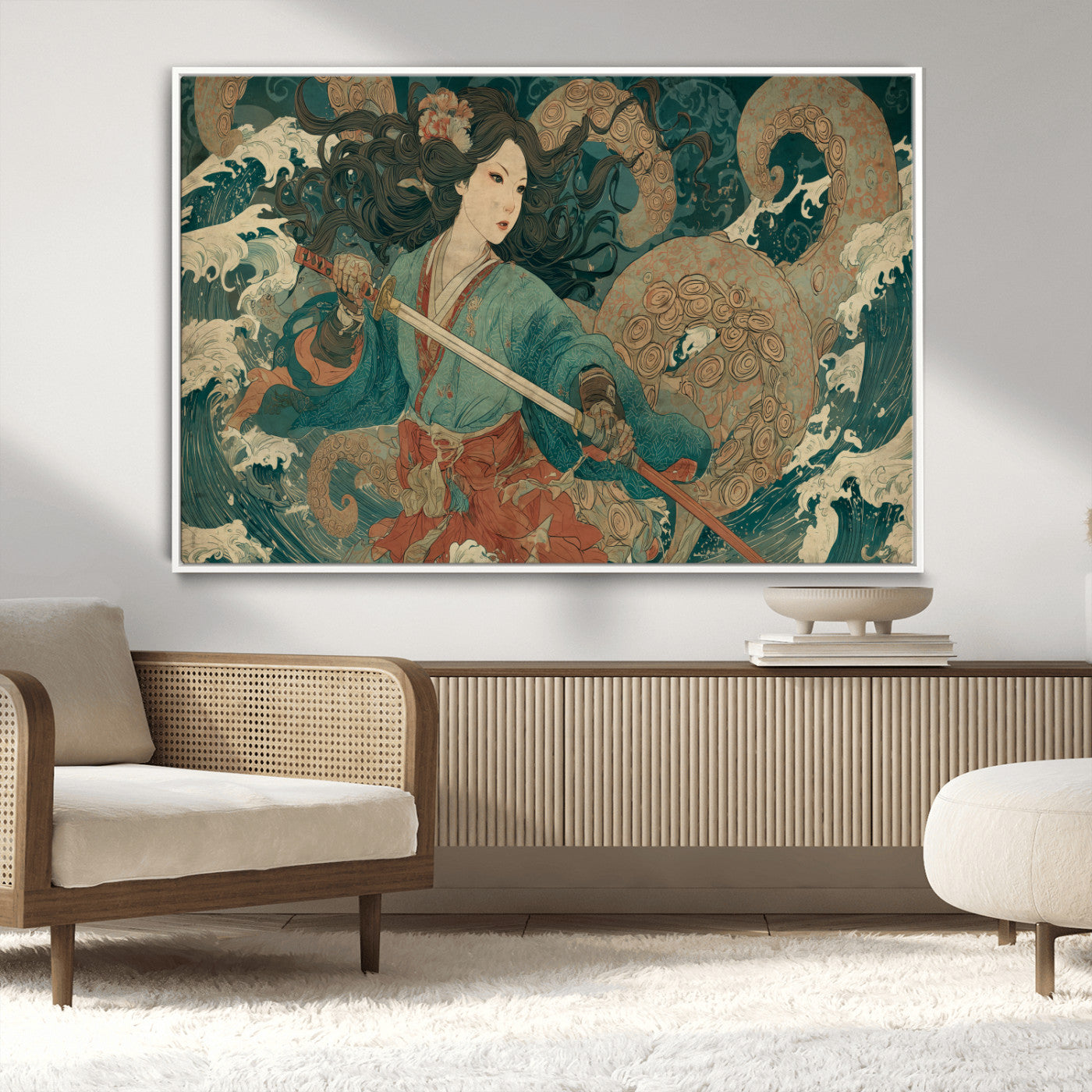 79740258-MGV-CV-36X24-Samurai Woman vs Octopus Wall Art – Japanese Ukiyo-e Blue Kimono Canvas Print, Ocean Battle Artwork for Living Room, Office, Man
