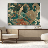 79740258-MGV-CV-36X24-Samurai Woman vs Octopus Wall Art – Japanese Ukiyo-e Blue Kimono Canvas Print, Ocean Battle Artwork for Living Room, Office, Man