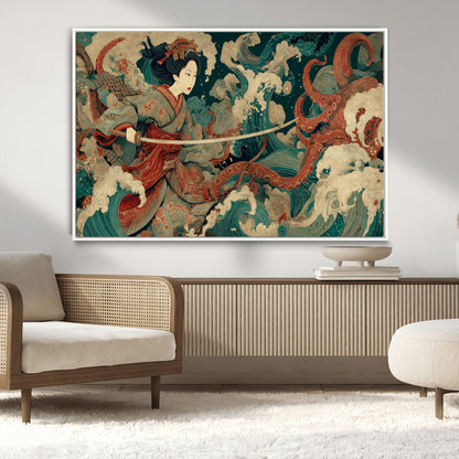 30212982-MGV-CV-36X24-Samurai Woman vs Octopus Wall Art – Japanese Ukiyo-e Style Warrior and Sea Monster Canvas Print, Mythology Inspired Artwork for