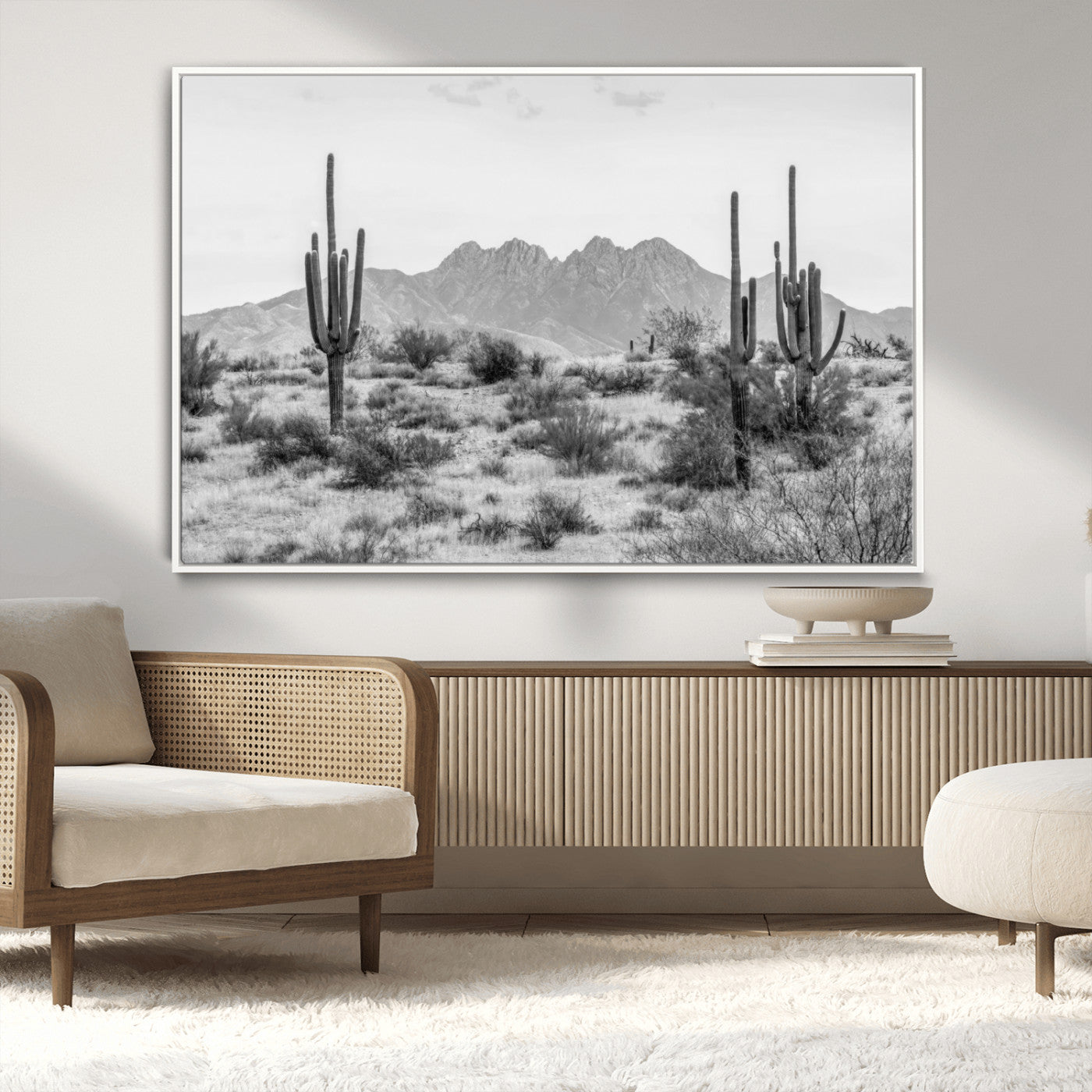 97436PHN-MGV-CV-36X24-Desert Landscape Wall Art – Black and White Cactus and Mountain Canvas Print, Southwestern Nature Photography for Living Room,