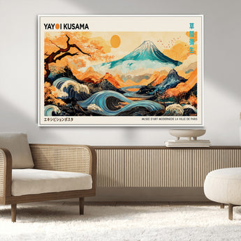 94085549-MGV-CV-36X24-Yayoi Kusama Inspired Japanese Landscape Art Print – Vibrant Mount Fuji, Waves & Autumn Trees, Modern Decorative Poster for