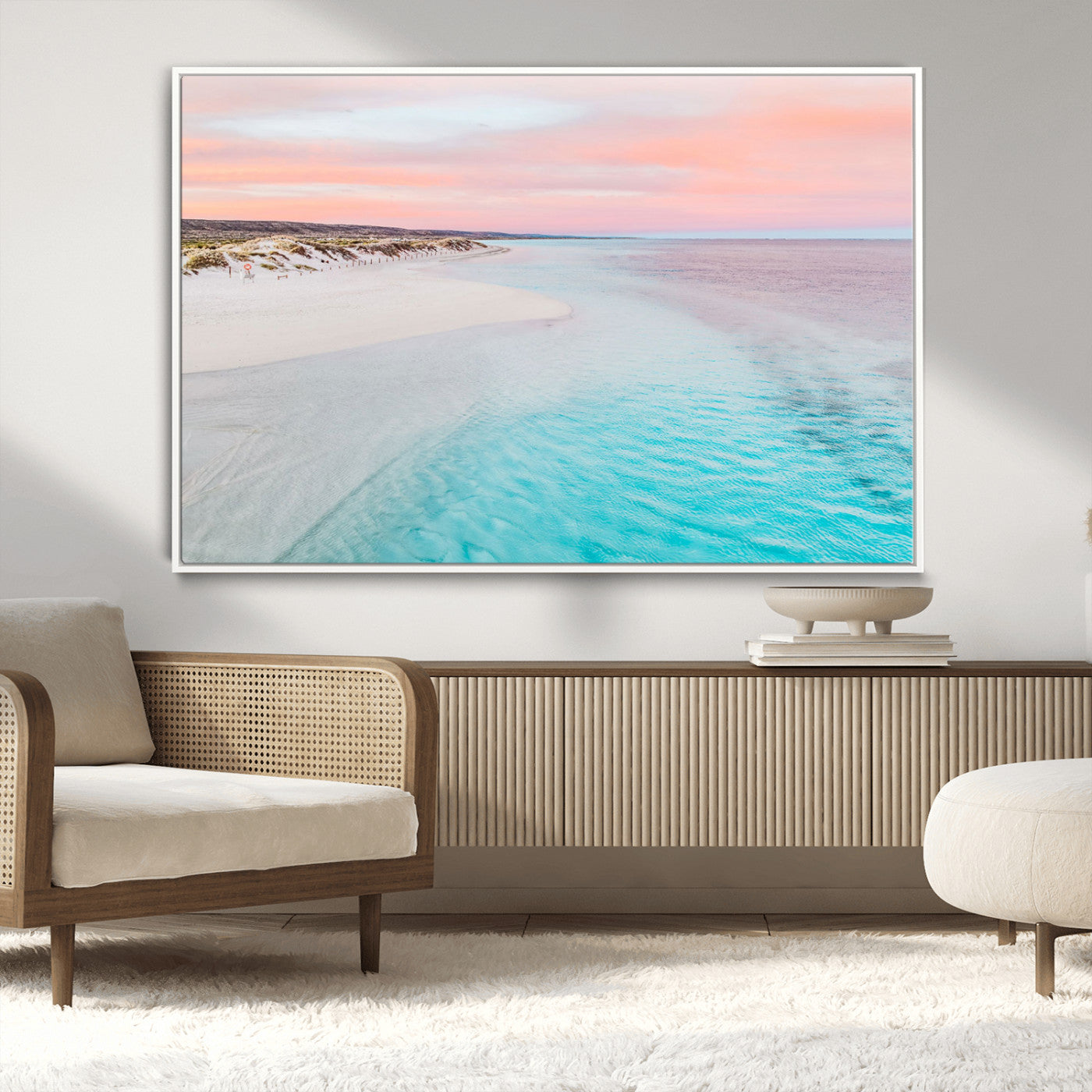 41613614-MGV-CV-36X24-Beach Sunset Wall Art – Pastel Ocean Canvas Print, Turquoise Water and Pink Sky Photography Decor for Bedroom, Living Room, Office
