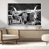 15425553-MGV-CV-36X24-Western Wall Art – Longhorn Cattle Black and White Canvas Print, Rustic Ranch Photography Decor for Bedroom, Living Room, Office,