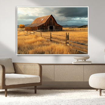 16480179-MGV-CV-36X24-Farmhouse Wall Art – Rustic Barn and Golden Field Canvas Print, Country Landscape Photography Decor for Bedroom, Living Room,
