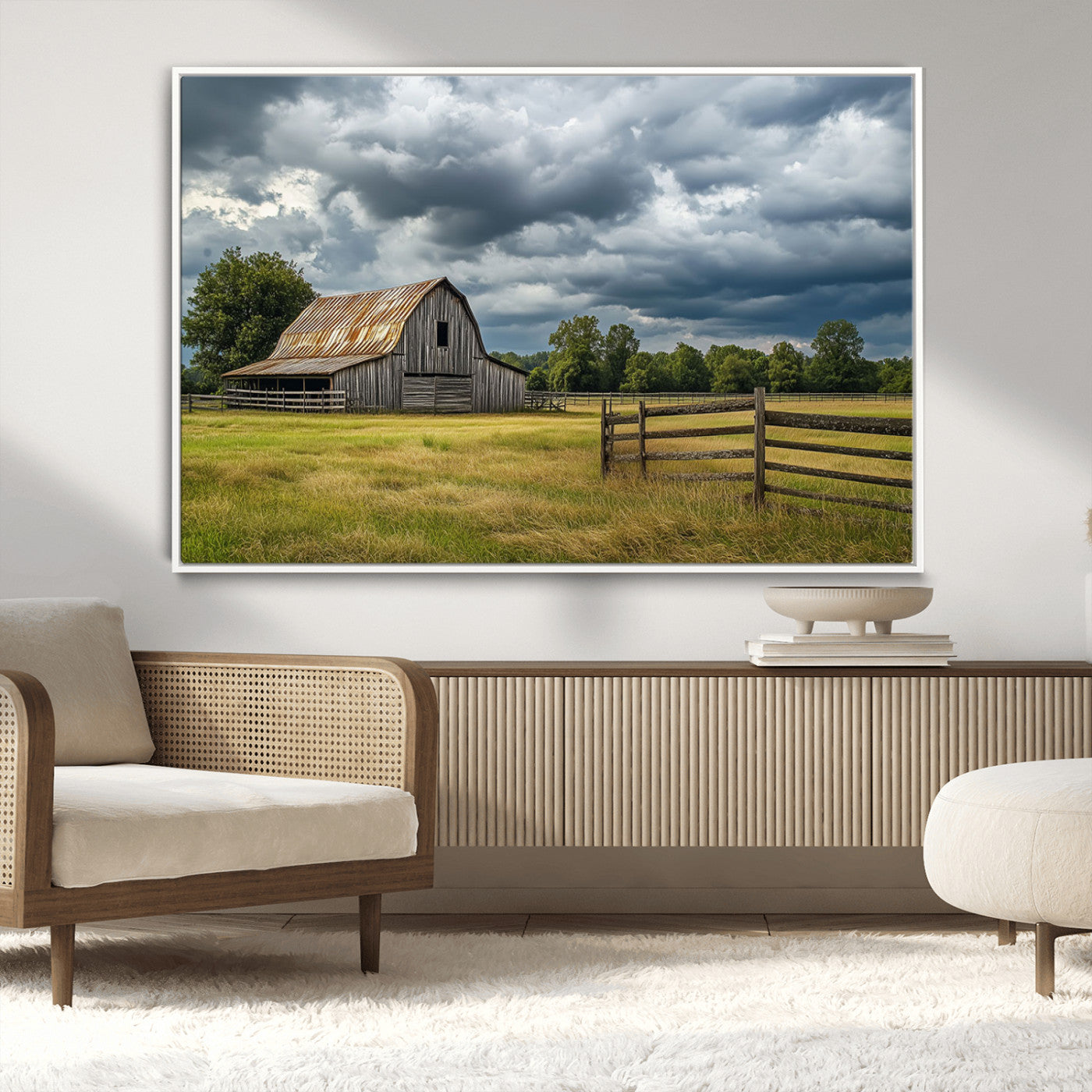 39409517-MGV-CV-36X24-Rustic Barn Wall Art – Weathered Farmhouse and Storm Clouds Canvas Print, Country Landscape Photography Decor for Bedroom, Living