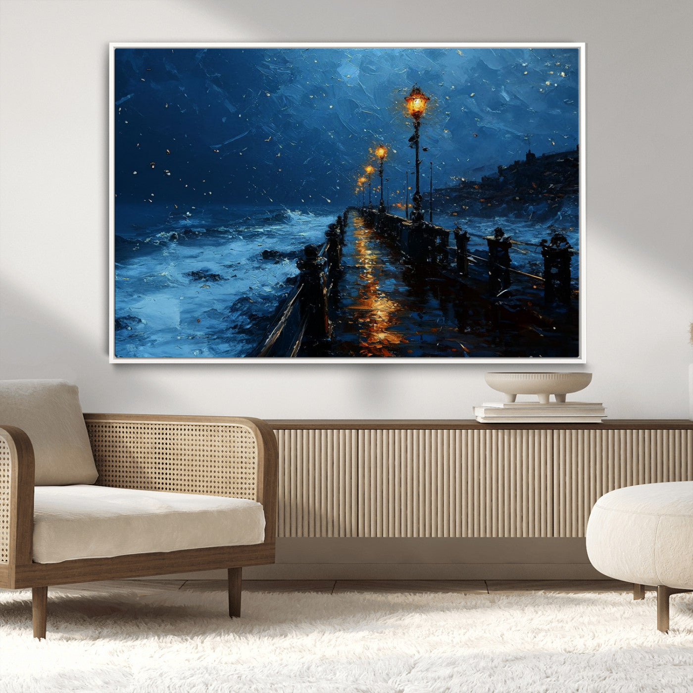 48300530-MGV-CV-36X24-Dark Stormy Pier Canvas Wall Art – Moody Ocean Night Scene with Street Lamps, Blue Coastal Seascape Print for Bedroom, Office, or