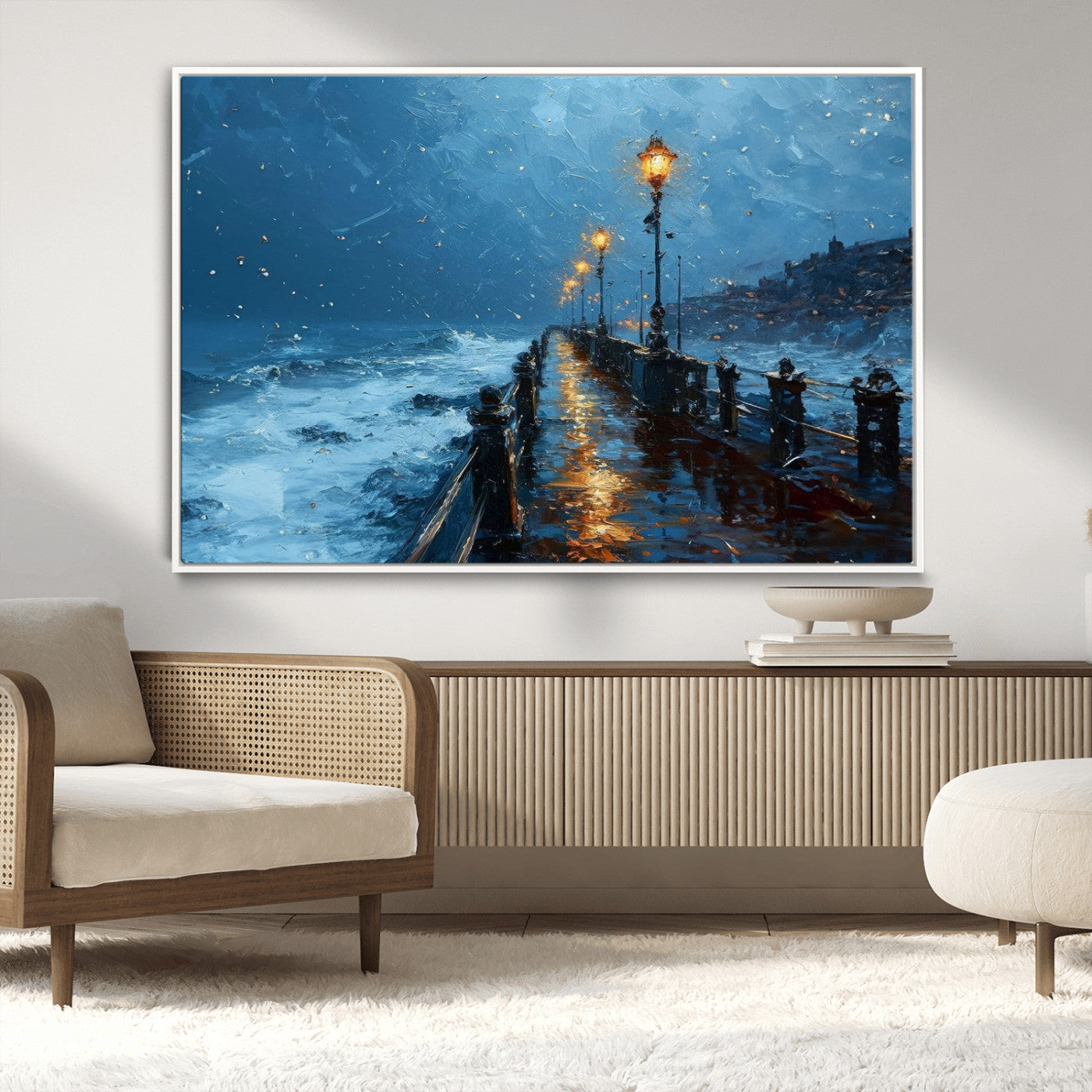 93793246-MGV-CV-36X24-Stormy Night Pier Canvas Wall Art – Moody Ocean Landscape with Lights, Blue Coastal Seascape Print for Bedroom, Living Room,