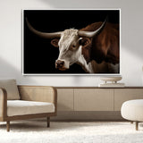 27414857-MGV-CV-36X24-Texas Longhorn Bull Canvas Wall Art – Rustic Western Farmhouse Decor, Brown & White Cow Portrait, Animal Print for Ranch Home