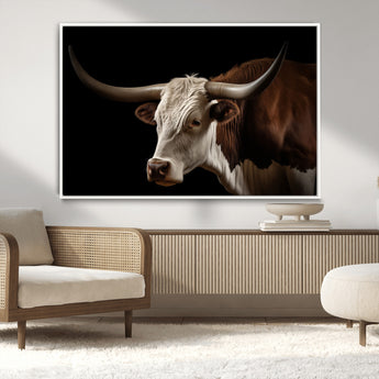 27414857-MGV-CV-36X24-Texas Longhorn Bull Canvas Wall Art – Rustic Western Farmhouse Decor, Brown & White Cow Portrait, Animal Print for Ranch Home