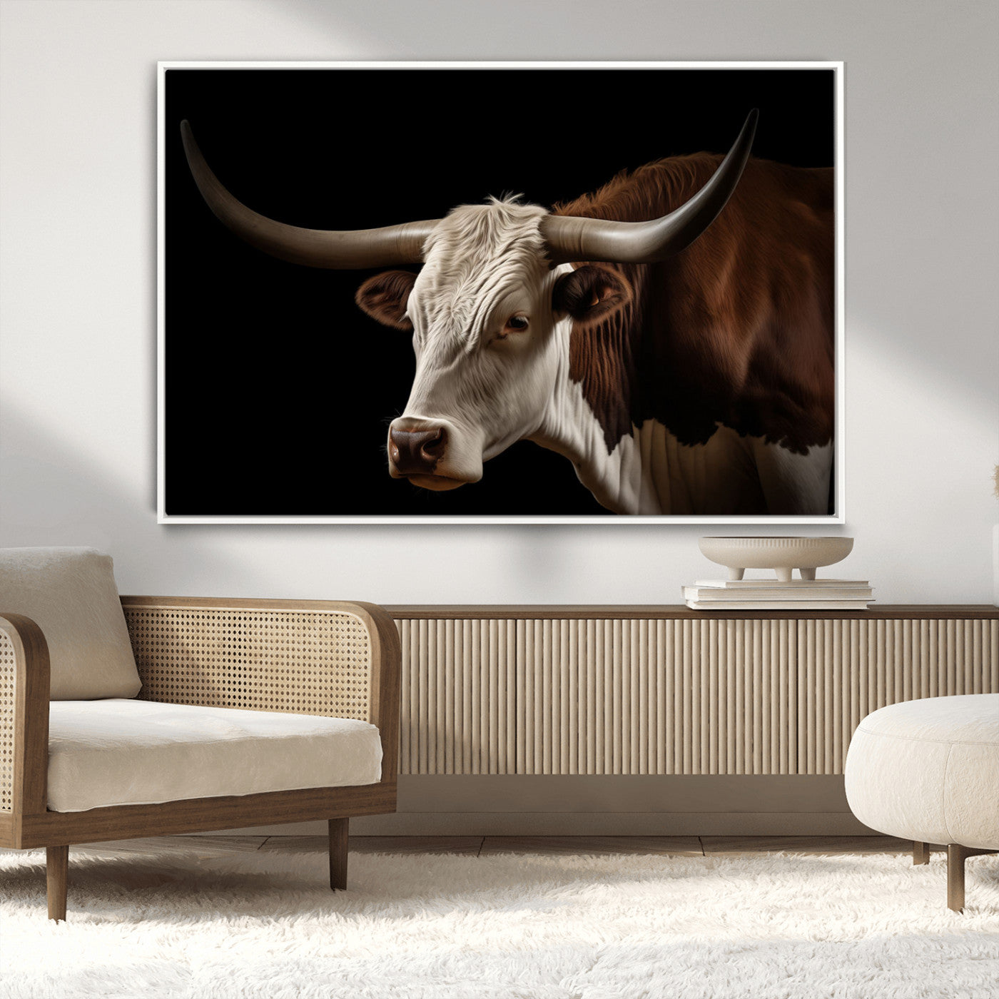 27414857-MGV-CV-36X24-Longhorn Bull Wall Art – Dramatic Western Steer Portrait Canvas Print, Rustic Farmhouse Animal Decor for Living Room, Office, or