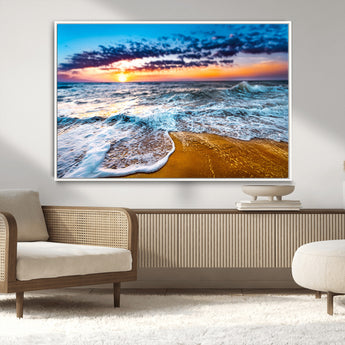 24077769-MGV-CV-36X24-Sunset Beach Wall Art – Ocean Waves Canvas Print, Golden Shoreline Photography Coastal Decor for Living Room, Bedroom, Office,
