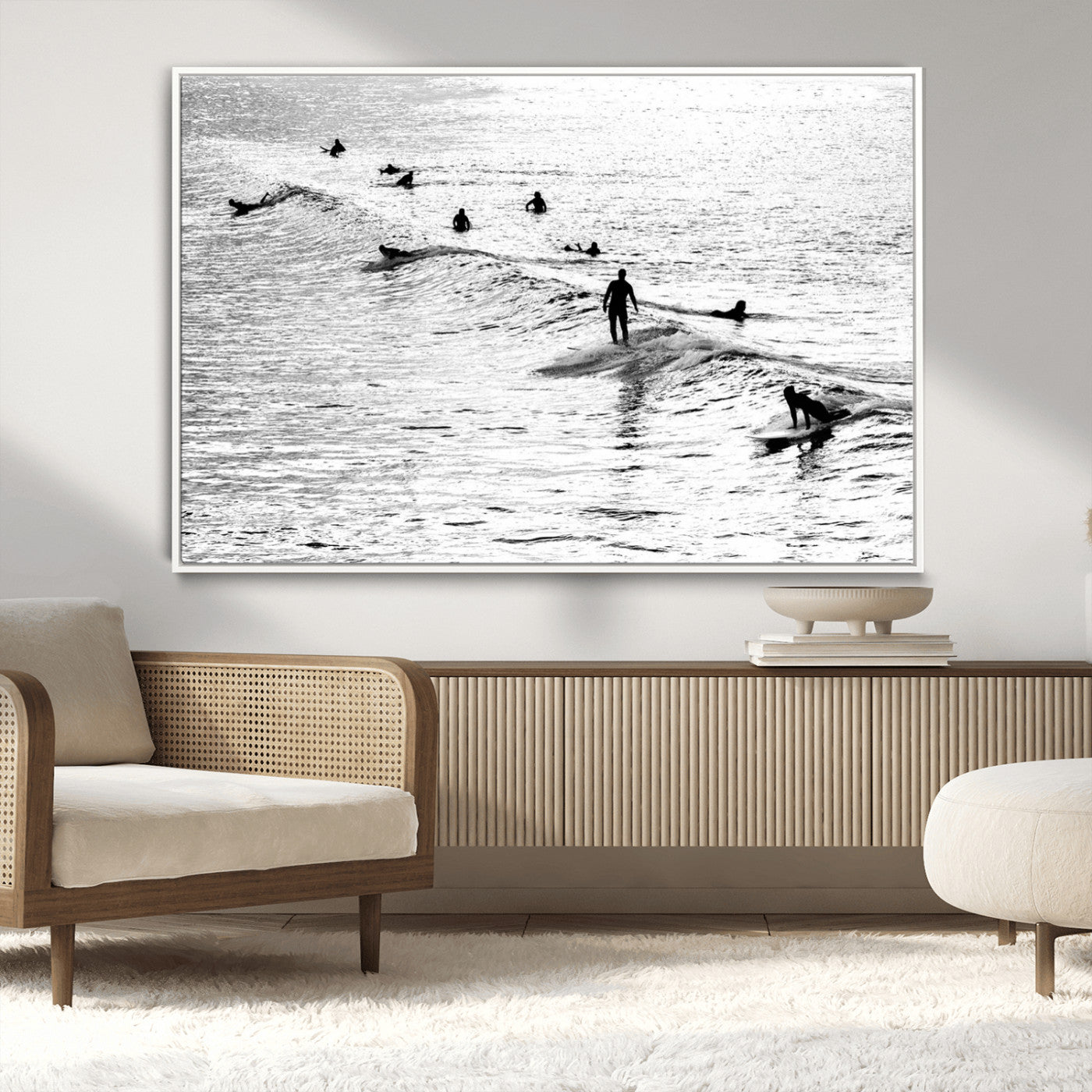 68018616-MGV-CV-36X24-Black and White Surf Photography Print – Minimalist Ocean Wall Art, Surfers Riding Waves, Coastal Beach Decor for Modern Home or