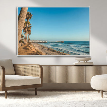 92568259-MGV-CV-36X24-California Beach Wall Art – Palm Tree Pier Canvas Print, Coastal Ocean Photography Seaside Decor for Living Room, Bedroom, Office,