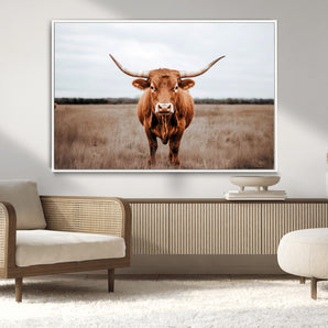 16316734-MGV-CV-36X24-Texas Longhorn Wall Art – Rustic Bull Portrait Canvas Print, Western Farmhouse Animal Photography Decor for Living Room, Office,