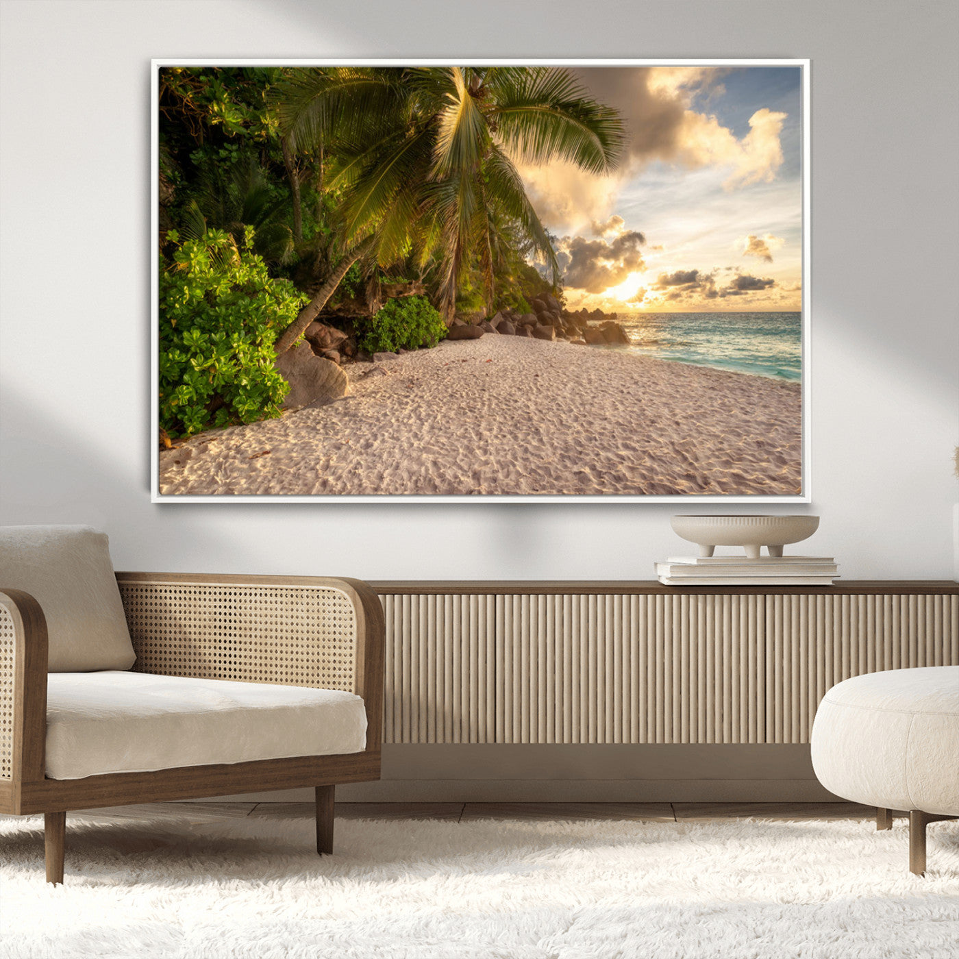 89531159-MGV-CV-36X24-Tropical Beach Sunset Canvas Wall Art – Palm Trees Golden Sand Ocean Waves Coastal Paradise Print for Beach House Bedroom Bathroom