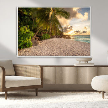 89531159-MGV-CV-36X24-Tropical Beach Sunset Canvas Wall Art – Palm Trees Golden Sand Ocean Waves Coastal Paradise Print for Beach House Bedroom Bathroom