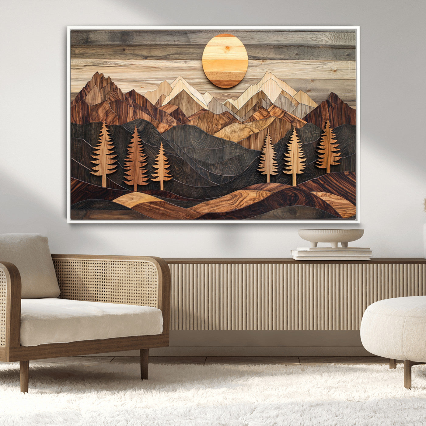 90044381-MGV-CV-36X24-Rustic Wall Art – Wooden Mountain Landscape with Sun and Pine Trees, Handcrafted Nature Canvas Style Decor for Bedroom, Living