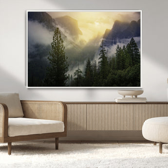 38316884-MGV-CV-36X24-Landscape Wall Art – Misty Mountain Valley Canvas Print, Scenic Pine Forest and Sunrise Photography Decor for Bedroom, Living