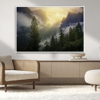 38316884-MGV-CV-36X24-Landscape Wall Art – Misty Mountain Valley Canvas Print, Scenic Pine Forest and Sunrise Photography Decor for Bedroom, Living